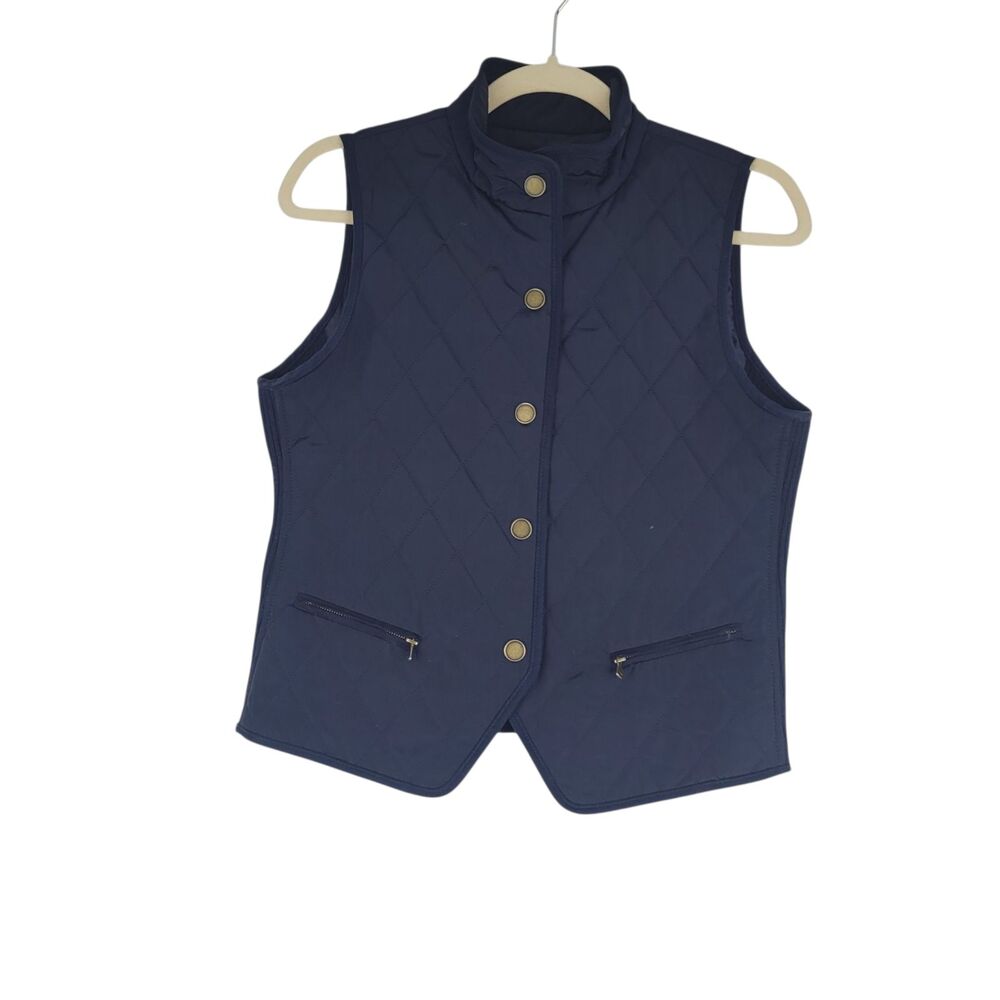 Talbots Petites Quilted Vest Womens P Sleeveless Snap Up Jacket Zip Pockets Blue